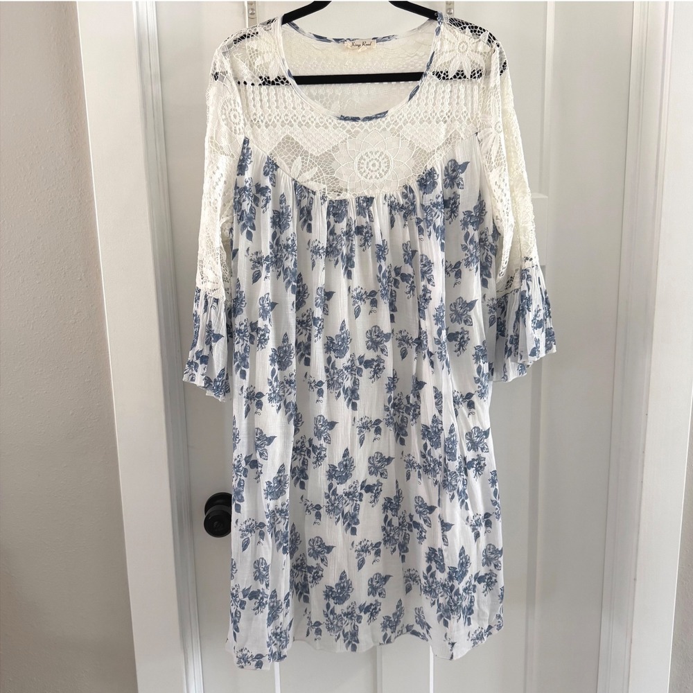Kings Road Womens 2X Blue Floral Crochet Lace Bell‎ Sleeve Babydoll Dress Boho